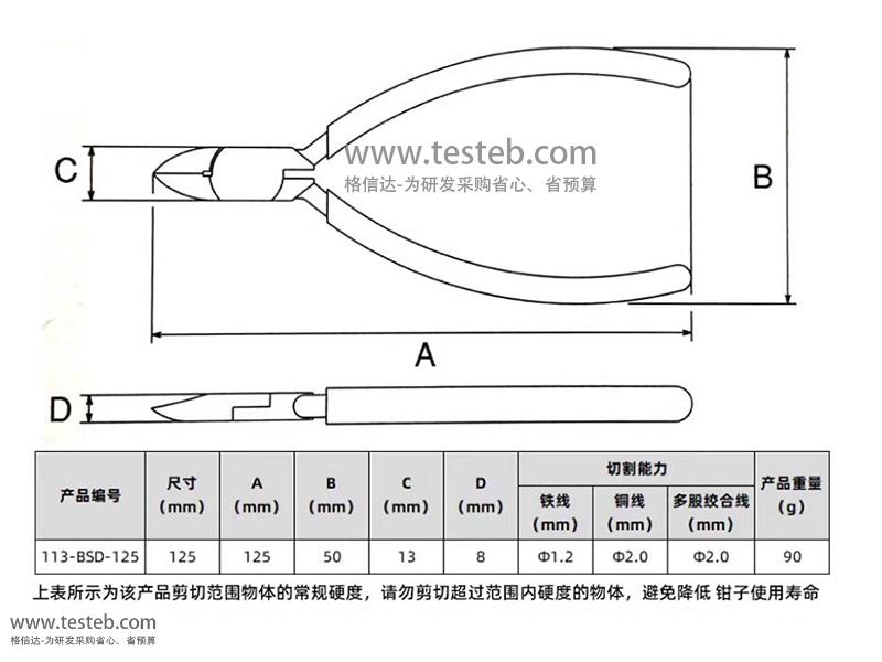 113-BSD-125防飛濺斜嘴鉗尺寸圖